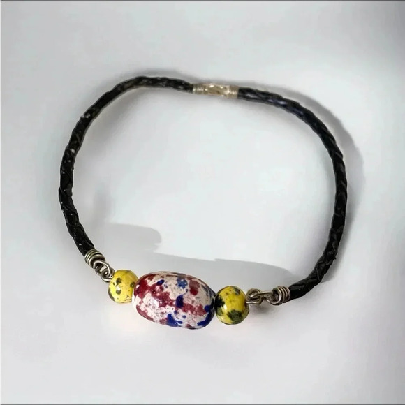 Vintage Braided Leather Art Glass Bead Anklet 9” - Picture 1 of 2